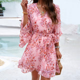 Summer Floral Print Short Sleeves Dress V-neck Short Dresses - InformationEssentials