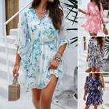 Summer Floral Print Short Sleeves Dress V-neck Short Dresses - InformationEssentials